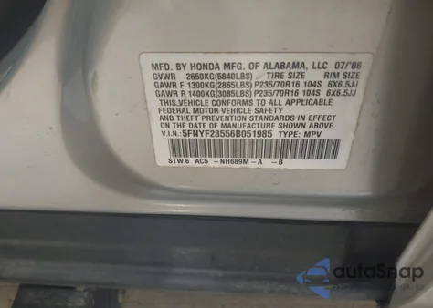 2006 Honda Pilot Ex-L z USA, uszkodzony, nr VIN 5FNYF28556B051985